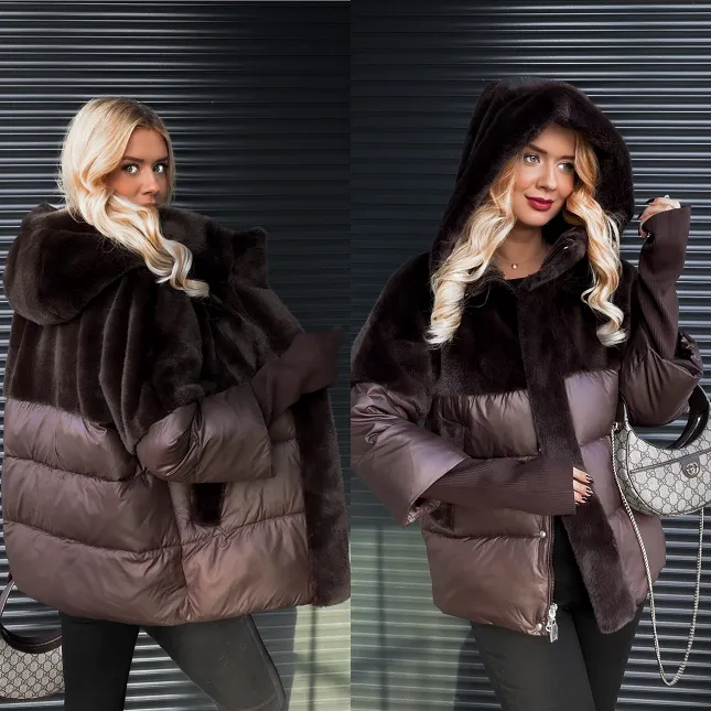 Niesamowita czekoladowa kurtka z futerkiem i ściąganymi rękawami - R310