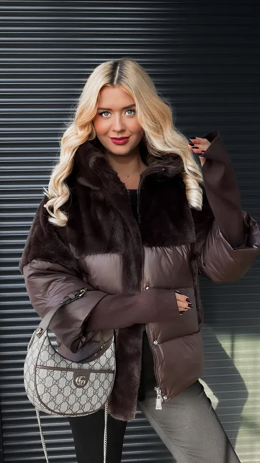 Niesamowita czekoladowa kurtka z futerkiem i ściąganymi rękawami - R310