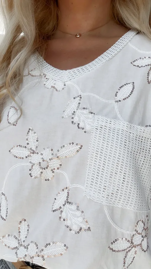 Bawełniana bluzka w haftowane cekinowe kwiaty ONE SIZE biała - P914C