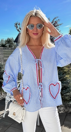 Modna wiązana bluzka OVERSIZE w niebieską kratkę z czerwoną lamówką ONE SIZE - N395
