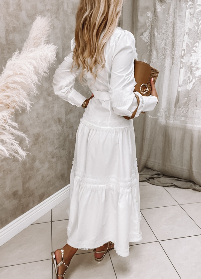 Stylowa biała sukienka z paskiem PREMIUM - K078 