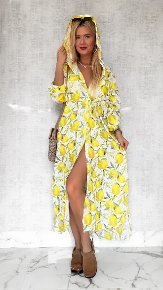 Bawełniana sukienka w cytryny z kapturem ONE SIZE - P700