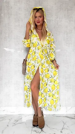 Bawełniana sukienka w cytryny z kapturem ONE SIZE - P700