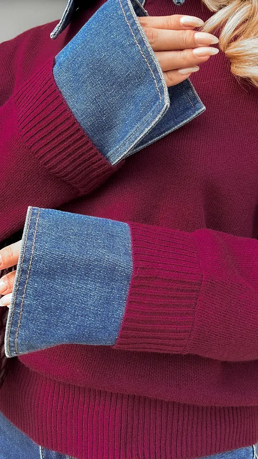Idealny sweter z jeansowymi wstawkami ONE SIZE bordo - P950