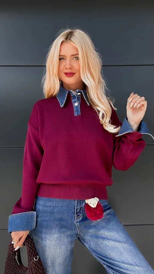 Idealny sweter z jeansowymi wstawkami ONE SIZE bordo - P950