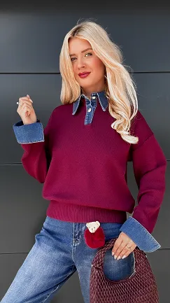 Idealny sweter z jeansowymi wstawkami ONE SIZE bordo - P950