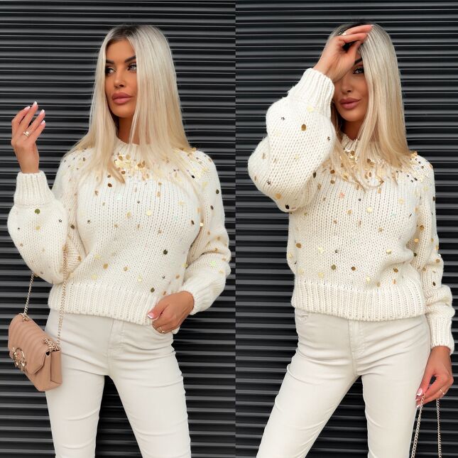 Wyjątkowy grubo pleciony sweter ECRU zdobiony złotymi cekinami ONE SIZE - S357