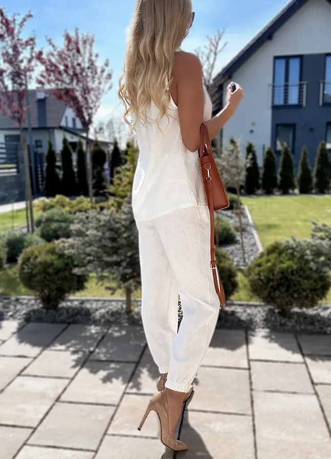 Biały komplet na lato bluzka z wiązaniem + spodnie ze ściągaczami - N155