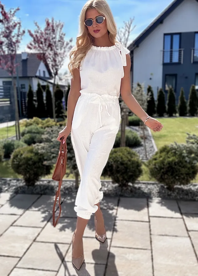 Biały komplet na lato bluzka z wiązaniem + spodnie ze ściągaczami - N155