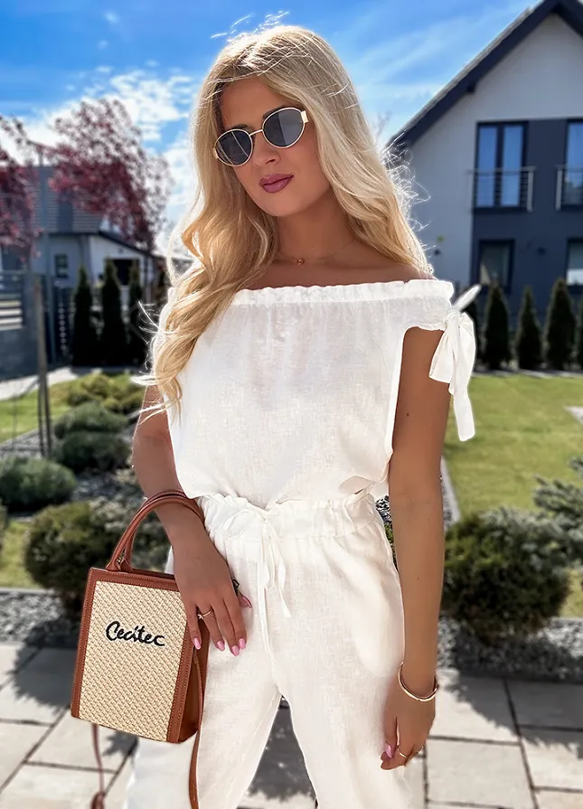 Biały komplet na lato bluzka z wiązaniem + spodnie ze ściągaczami - N155