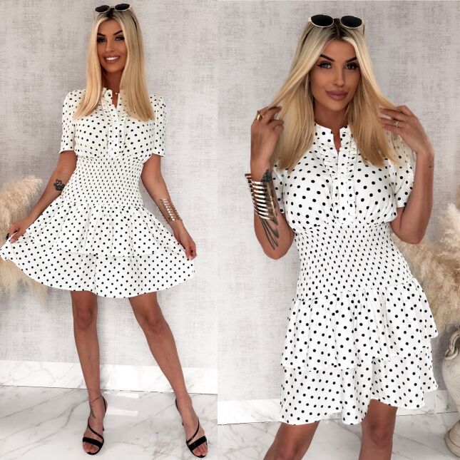 Cudowna sukienka w grochy z elastycznym pasem OFF WHITE - S007
