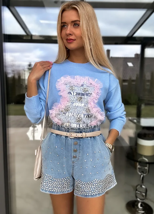 Fantastyczny sweter z misiem zdobionym cyrkoniami BLUE - M748