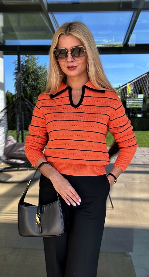 Fantastyczny pomarańczowy sweter w paski z kołnierzykiem ONE SIZE - N574A