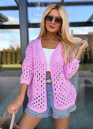 Wiosenny ażurowy sweter narzutka PINK z wiskozy - M717