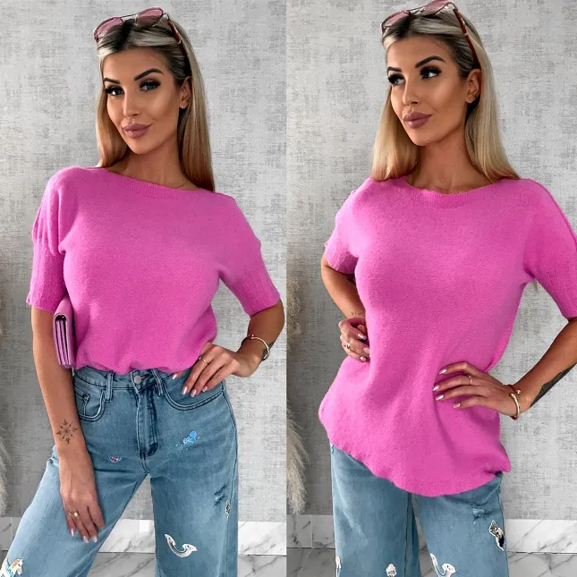 Idealny wiosenny sweter z krótkim rękawem RÓŻ - R660E