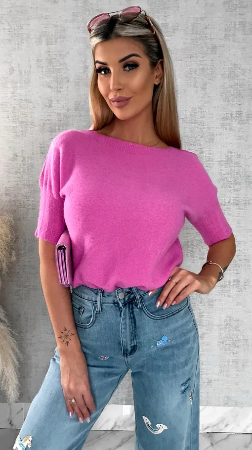 Idealny wiosenny sweter z krótkim rękawem RÓŻ - R660E
