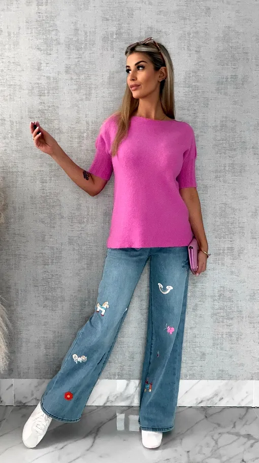 Idealny wiosenny sweter z krótkim rękawem RÓŻ - R660E