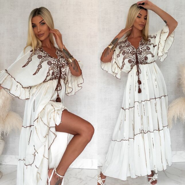 Letnia MAXI sukienka w kolorze ECRU z brązowymi dodatkami - S147
