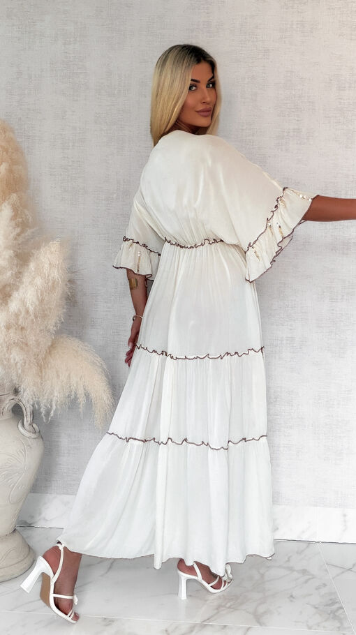 Letnia MAXI sukienka w kolorze ECRU z brązowymi dodatkami - S147