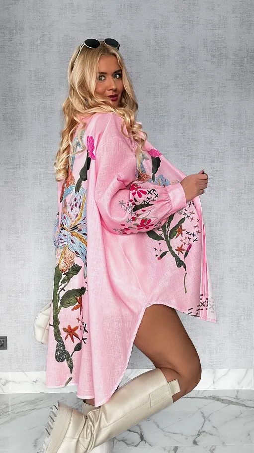 Asymetryczna lniana koszula w polne kwiaty OVERSIZE róż - P326A