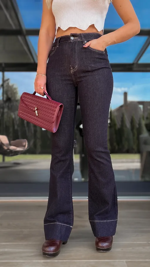 Elastyczne spodnie jeansowe DZWONY ciemny granat - R134