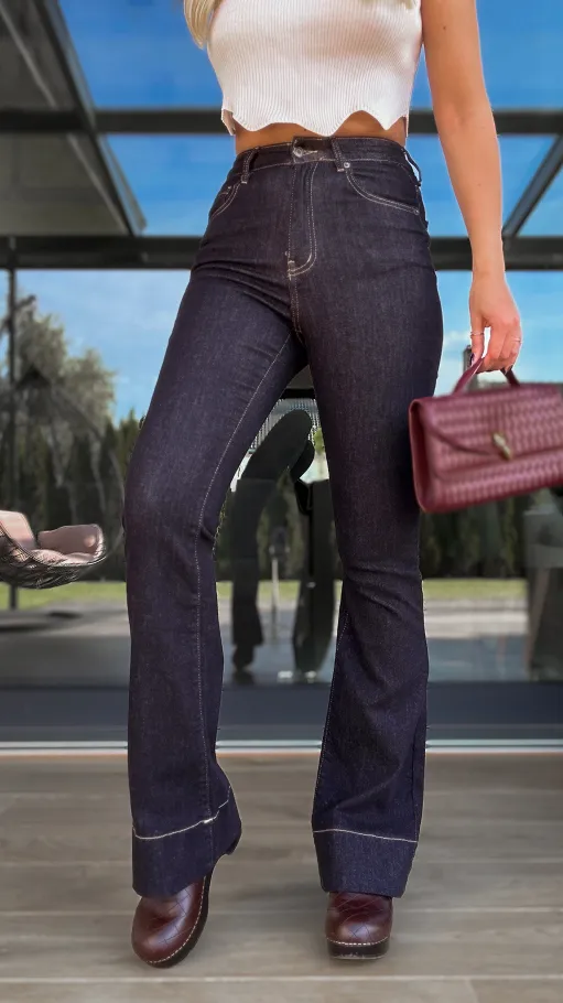 Elastyczne spodnie jeansowe DZWONY ciemny granat - R134