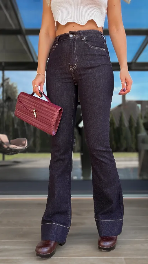 Elastyczne spodnie jeansowe DZWONY ciemny granat - R134