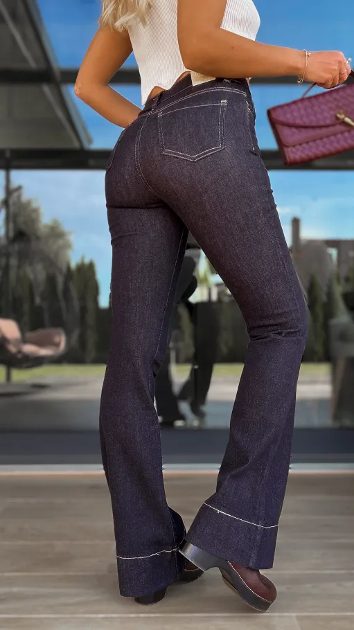 Elastyczne spodnie jeansowe DZWONY ciemny granat - R134