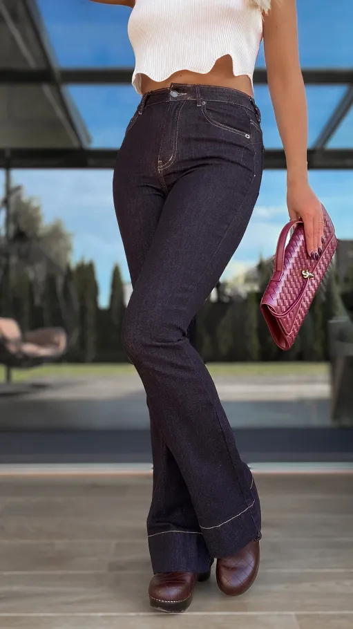 Elastyczne spodnie jeansowe DZWONY ciemny granat - R134