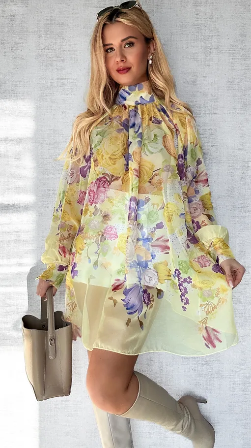 Kwiatowa długa bluzka mgiełka TUNIKA one size ŻÓŁTA - P508A