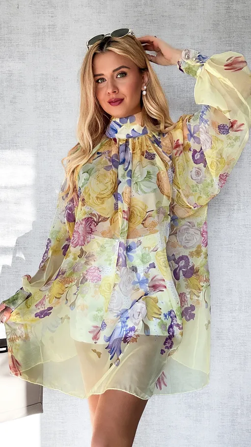 Kwiatowa długa bluzka mgiełka TUNIKA one size ŻÓŁTA - P508A