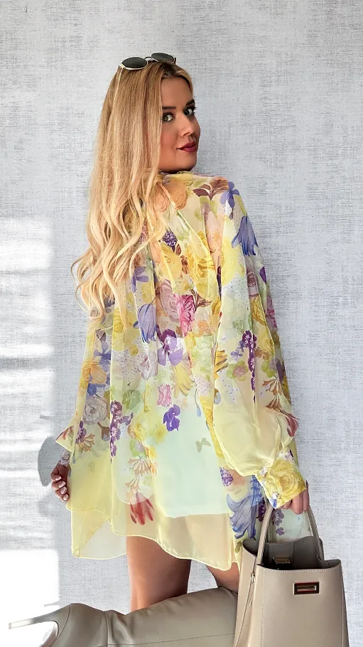 Kwiatowa długa bluzka mgiełka TUNIKA one size ŻÓŁTA - P508A