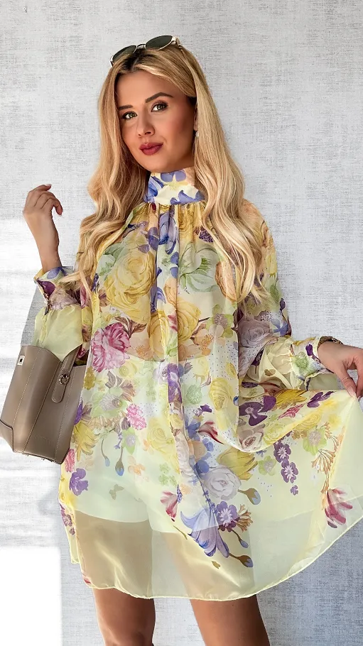 Kwiatowa długa bluzka mgiełka TUNIKA one size ŻÓŁTA - P508A