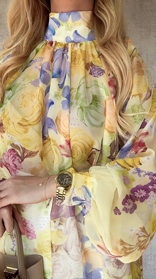 Kwiatowa długa bluzka mgiełka TUNIKA one size ŻÓŁTA - P508A