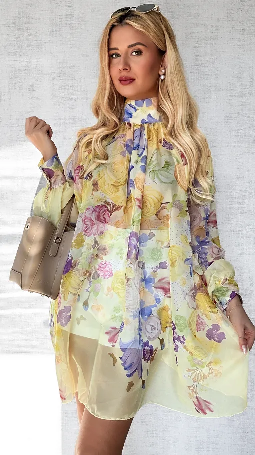 Kwiatowa długa bluzka mgiełka TUNIKA one size ŻÓŁTA - P508A