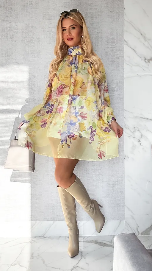 Kwiatowa długa bluzka mgiełka TUNIKA one size ŻÓŁTA - P508A