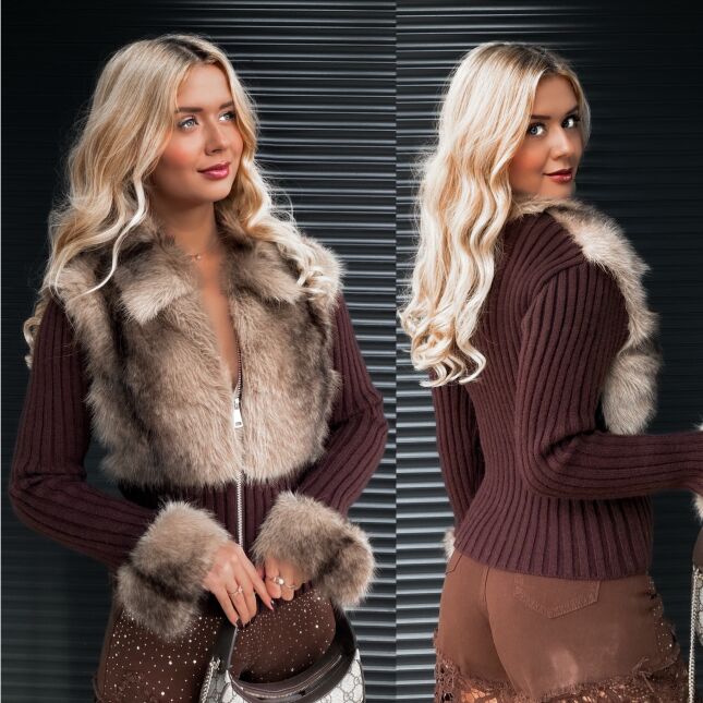 Modny sweter z wiskozy z futerkiem zapinany na zamek BRĄZOWY - R298A