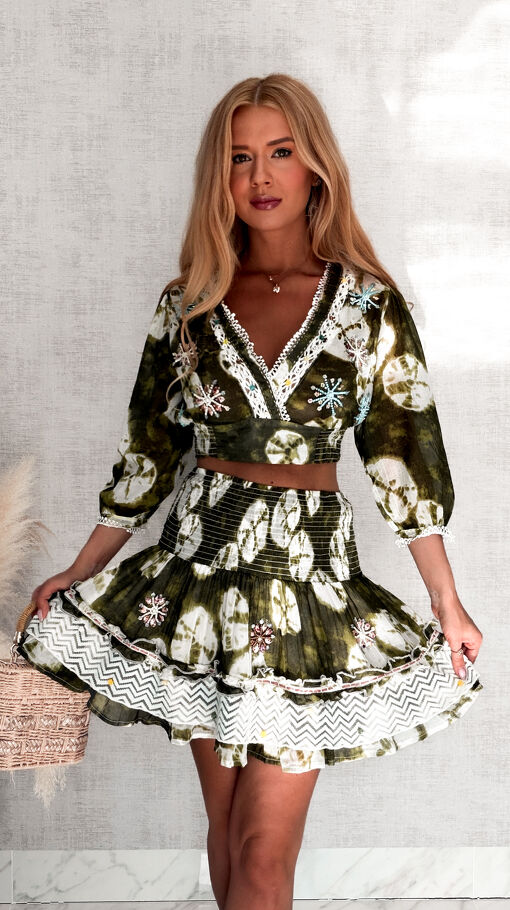 Stylowy komplet na lato w kolorze KHAKI bluzka + spódniczka - S207