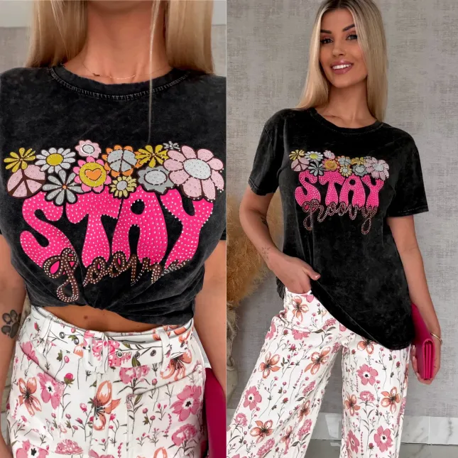 Czarna bluzka t-shirt STAY z cyrkoniami ONE SIZE - R638