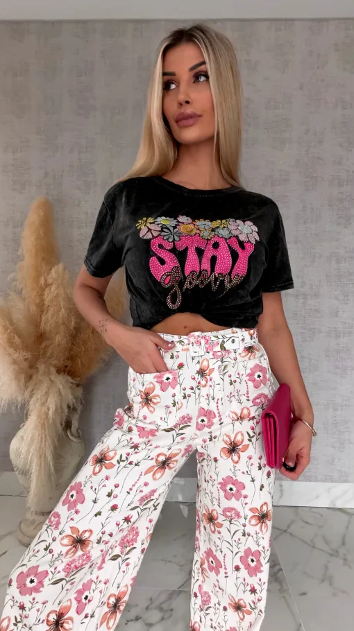 Czarna bluzka t-shirt STAY z cyrkoniami ONE SIZE - R638