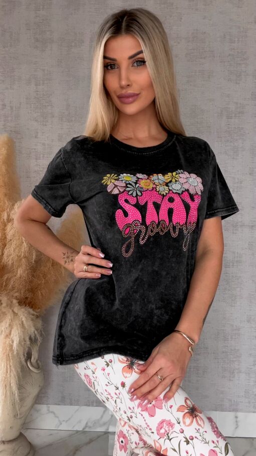 Czarna bluzka t-shirt STAY z cyrkoniami ONE SIZE - R638