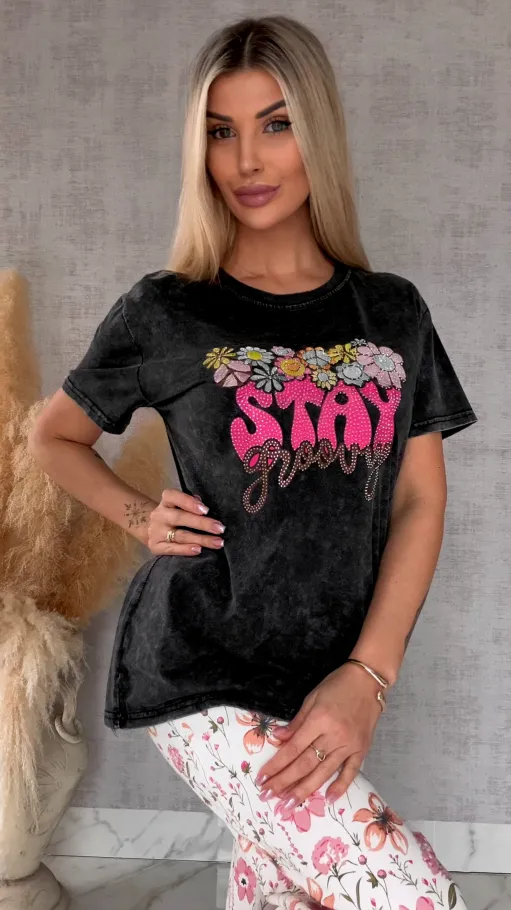 Czarna bluzka t-shirt STAY z cyrkoniami ONE SIZE - R638