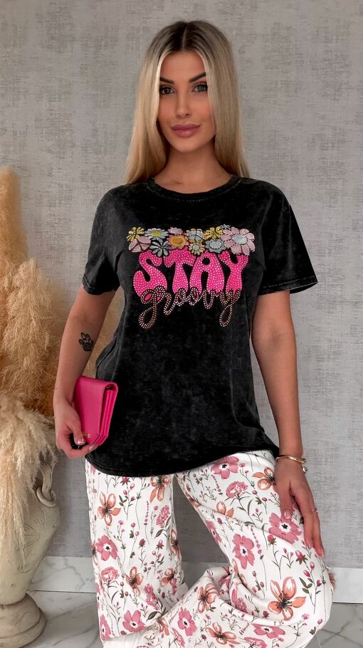 Czarna bluzka t-shirt STAY z cyrkoniami ONE SIZE - R638