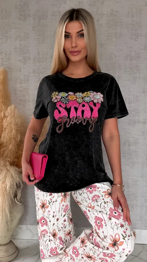 Czarna bluzka t-shirt STAY z cyrkoniami ONE SIZE - R638