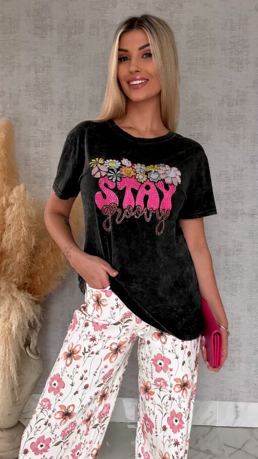 Czarna bluzka t-shirt STAY z cyrkoniami ONE SIZE - R638