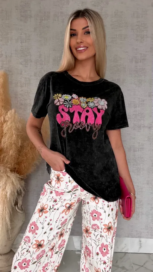 Czarna bluzka t-shirt STAY z cyrkoniami ONE SIZE - R638