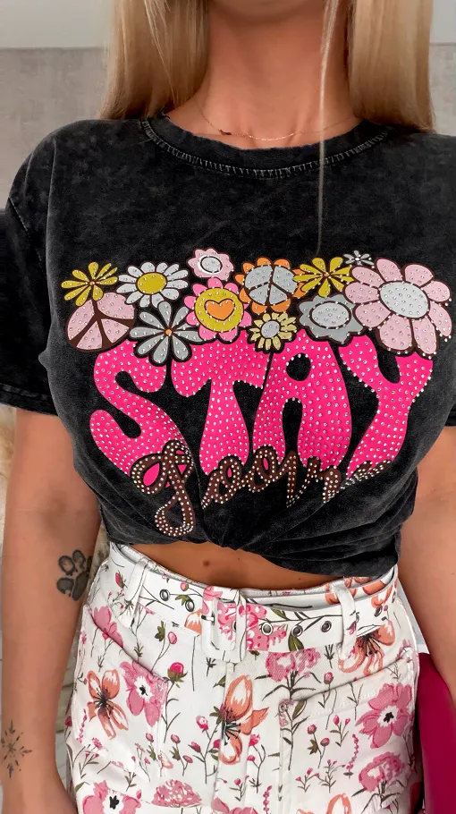 Czarna bluzka t-shirt STAY z cyrkoniami ONE SIZE - R638