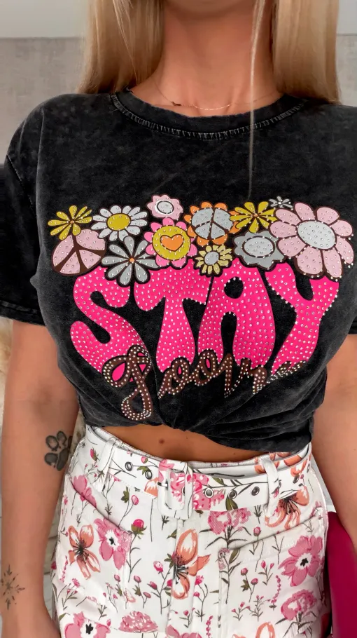 Czarna bluzka t-shirt STAY z cyrkoniami ONE SIZE - R638