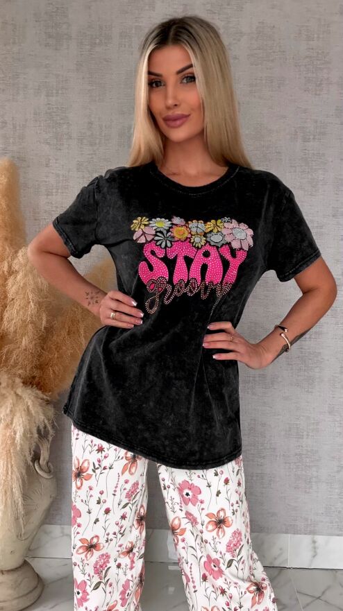 Czarna bluzka t-shirt STAY z cyrkoniami ONE SIZE - R638