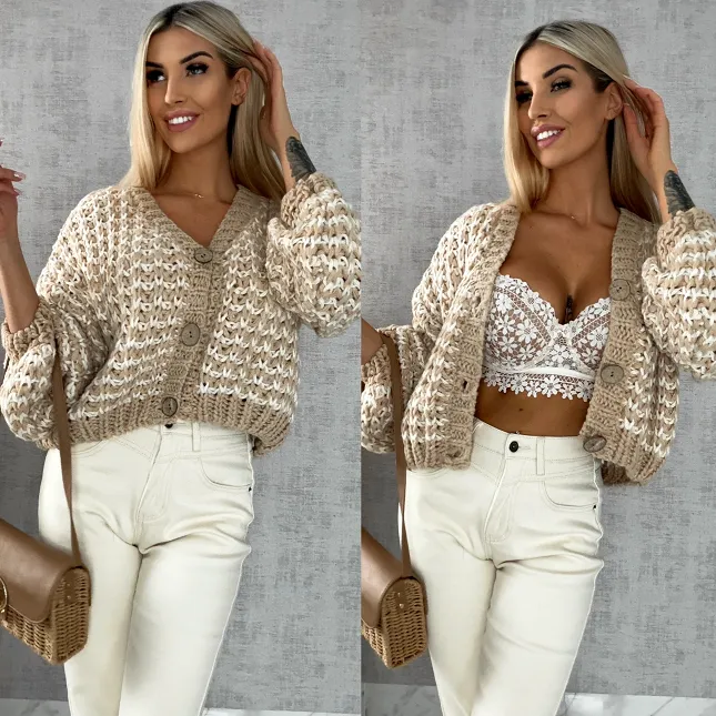 Luźny sweter grubo pleciony zapinany na guziki ONE SIZE - R428